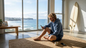 Young man sitting on floor with sea view - first home loan buyer. Coastal Finance - Finance Brokers supporting first home buyers. Chat with us today.